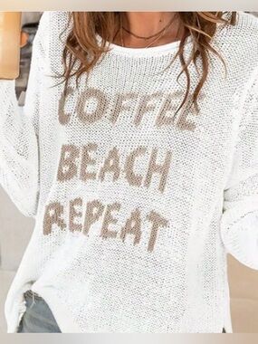 Coffee Beach Repeat Sweater Cozy Lightweight Knit white/cream Pullover-Small